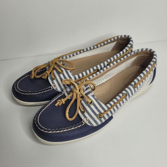 Sperry Blue White Nautical Preppy Classic Slip On Leather Boat Shoes Size 9 - Picture 1 of 7